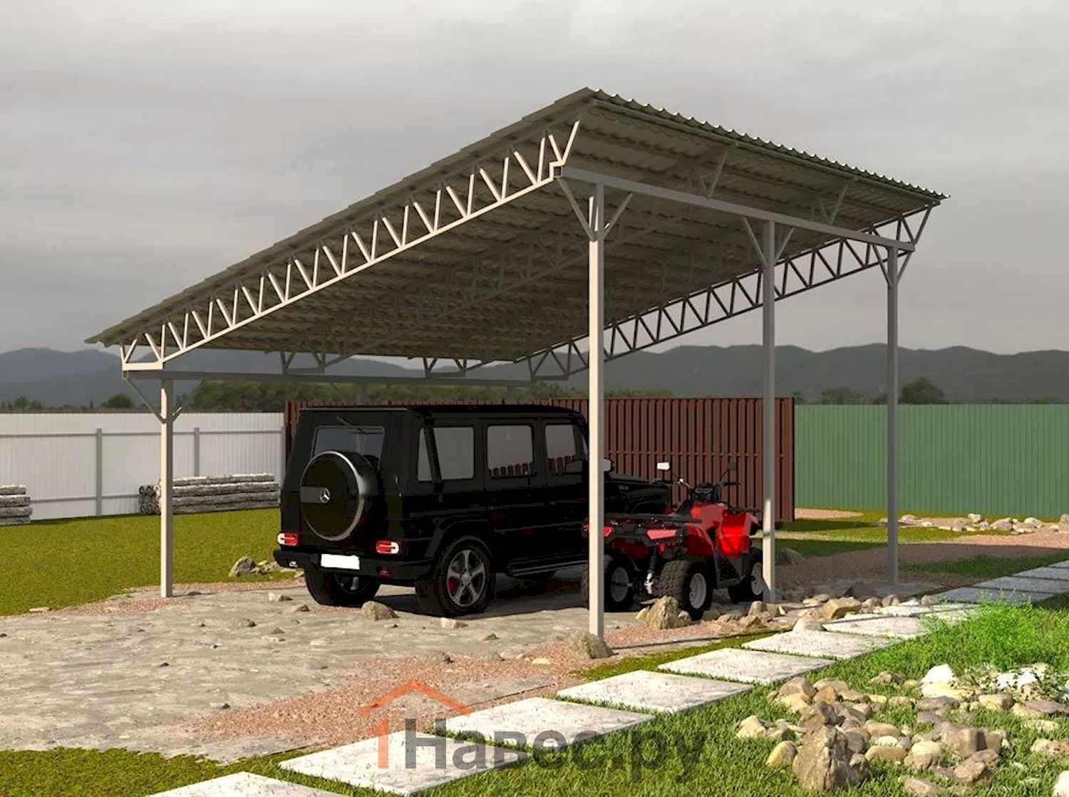 Односкатный навес из металлочерепицы для дачи